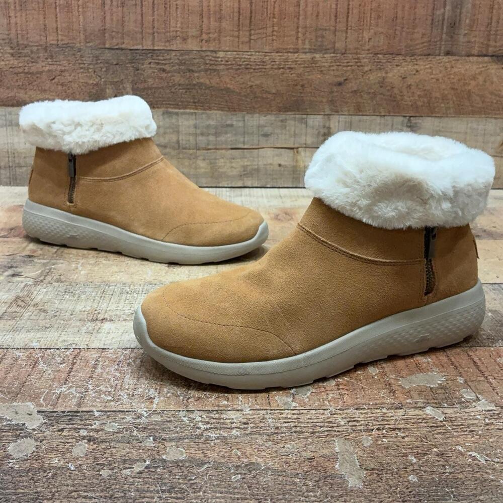 Skechers Boots Womens Size 9 39 Brown Suede Faux Fur Ankle Zip Winter Lined